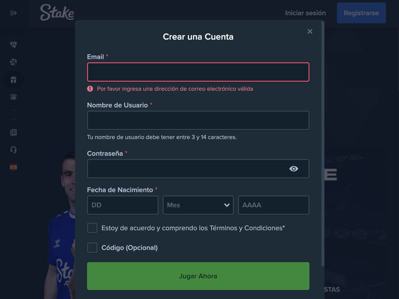 Registro de cuenta de Stake